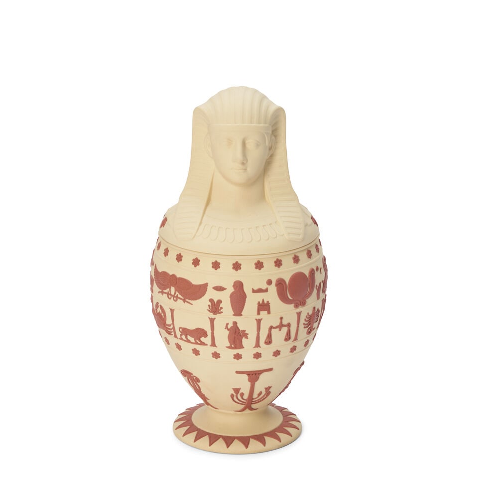 Wedgwood Primrose Jasper Canopic Jar and Cover, England, 1978,: Wedgwood Primrose Jasper Canopic Jar and Cover, England, 1978, applied terra cotta hieroglyphs in relief, impressed mark, ht. 9 1/2 in. For further information on this lot please visit Bonhams.com Fo