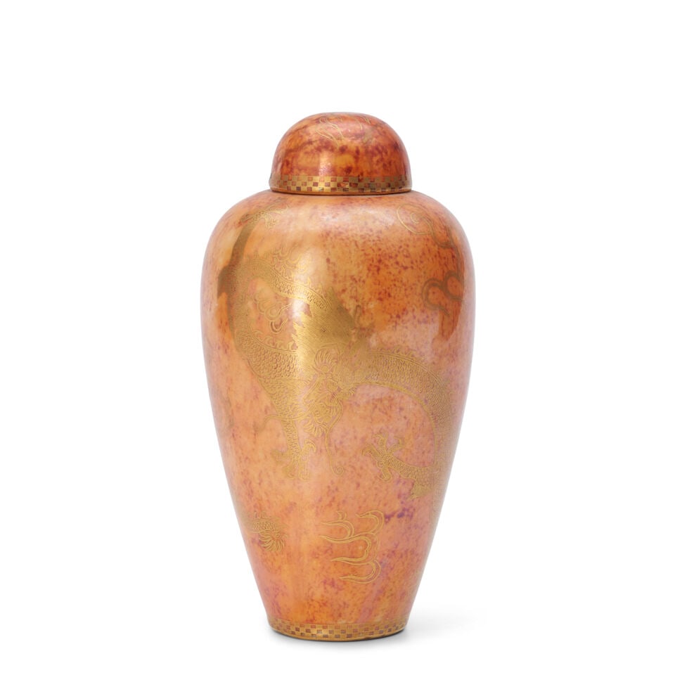 Wedgwood Dragon Lustre Malfrey Pot and Cover, England, c. 1920,: Wedgwood Dragon Lustre Malfrey Pot and Cover, England, c. 1920, mottled orange and red ground with gilded coiling dragons, printed mark, ht. 8 3/8 in. Footnotes: Provenance Property of a New York