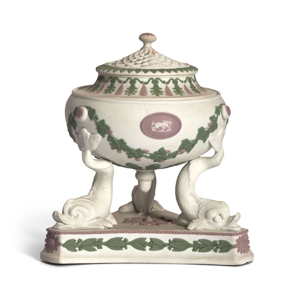 Wedgwood Tricolor Jasper Dolphin Incense Burner, England, 19th century,: Wedgwood Tricolor Jasper Dolphin Incense Burner, England, 19th century, solid white body with applied relief in lilac green and white, the bowl set atop a tripod dolphin base, with pierced cover and i