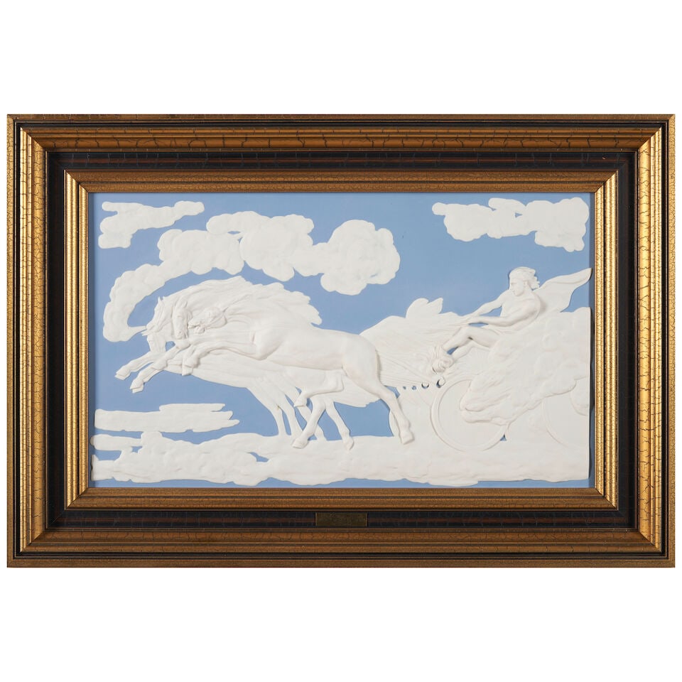 Modern Wedgwood 'Fall of Phaeton' Solid Blue Jasper Plaque, England, 1977,: Modern Wedgwood 'Fall of Phaeton' Solid Blue Jasper Plaque, England, 1977, applied white relief, numbered 89 in a limited edition of 200, rectangular shape, gilt wood frame, impressed mark, approx.