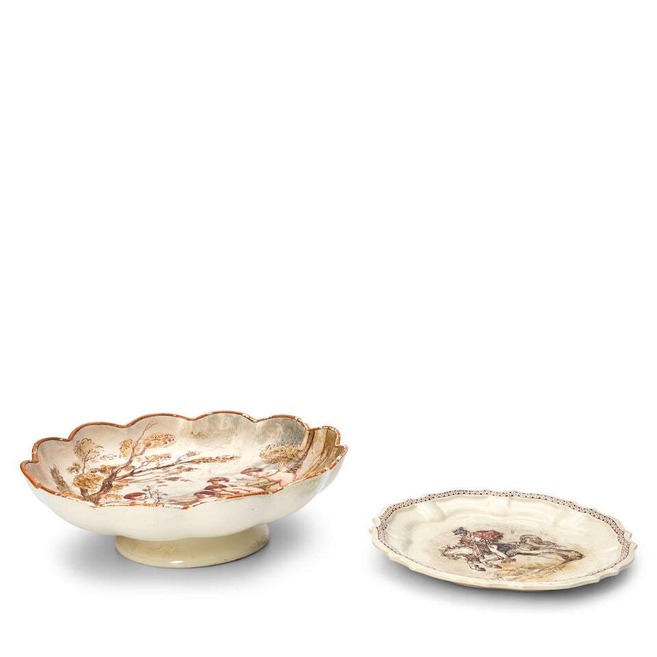 Two Emile Lessore Decorated Creamware Dishes, England, second half 19th century,: Two Emile Lessore Decorated Creamware Dishes, England, second half 19th century, a French manufactured plate with shaped rim and central figure of a cavalier on horseback, dia. 9 3/4; and a marked