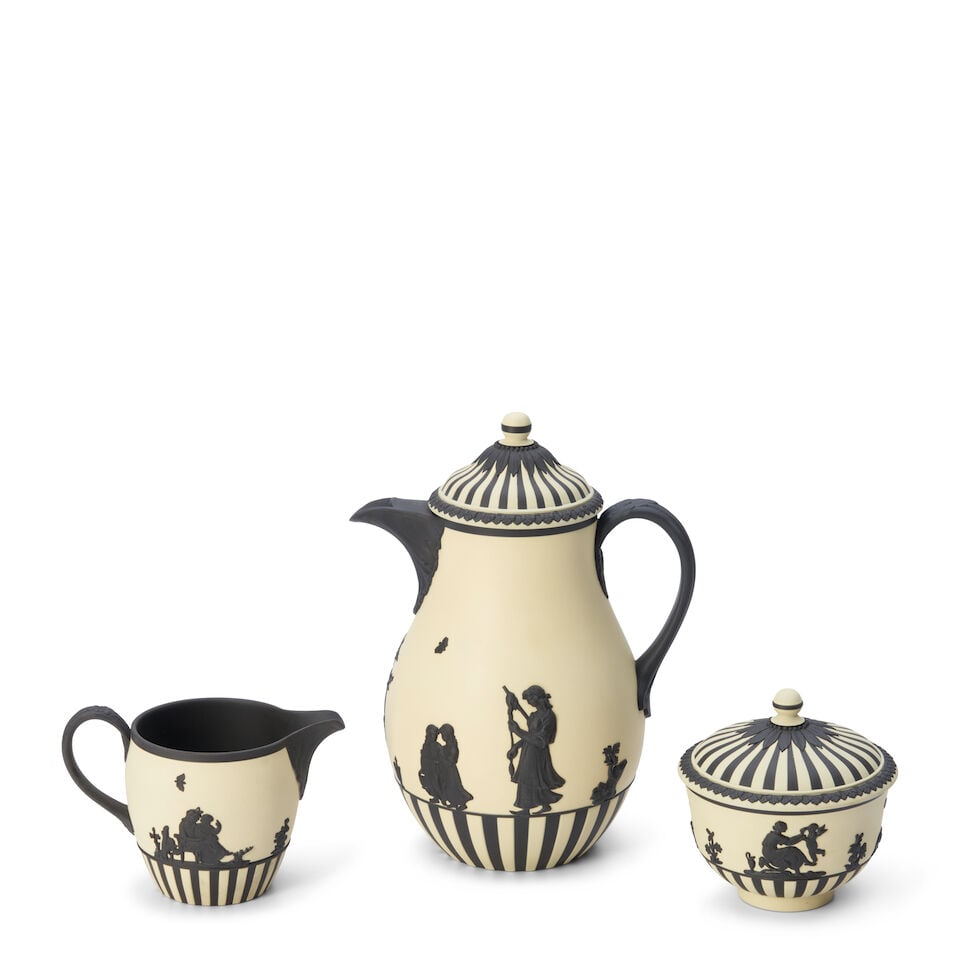 Wedgwood Three Piece Black and Primrose Jasper Coffee Set, England, 1979,: Wedgwood Three Piece Black and Primrose Jasper Coffee Set, England, 1979, from the Masterpiece Series, classical figures depicting Domestic Employment after a design by Lady Templetown and modelled