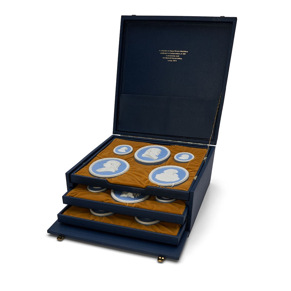 Boxed Set of Fourteen Wedgwood Portrait Medallions, England, 1973,: Boxed Set of Fourteen Wedgwood Portrait Medallions, England, 1973, each oval a solid pale blue with applied white relief, numbered 7 in a limited edition of 200, impressed and printed marks, lg. 3