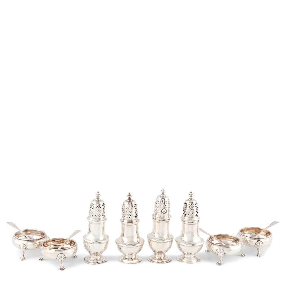 Collection of Georgian Sterling Silver Casters, Salt Cellars, and Salt Spoons, (1 of 1)