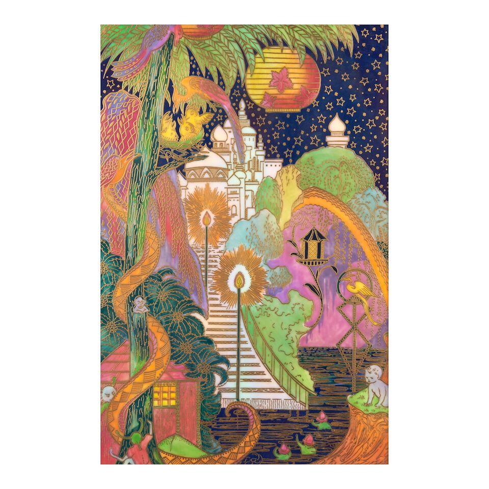 Modern Wedgwood Fairyland Lustre Plaque, England,: Modern Wedgwood Fairyland Lustre Plaque, England, 'The Enchanted Palace' motif, numbered 159 in a limited edition of 250, set in a maple frame, approx. plaque size 7 3/4 x 11 1/2 in. Footnotes: Prove