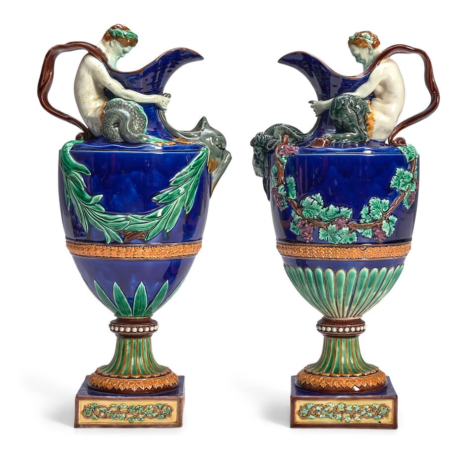 Pair of Wedgwood Majolica Cobalt Blue Ground Wine and Water Ewers, England, c. 1865, (1 of 2)