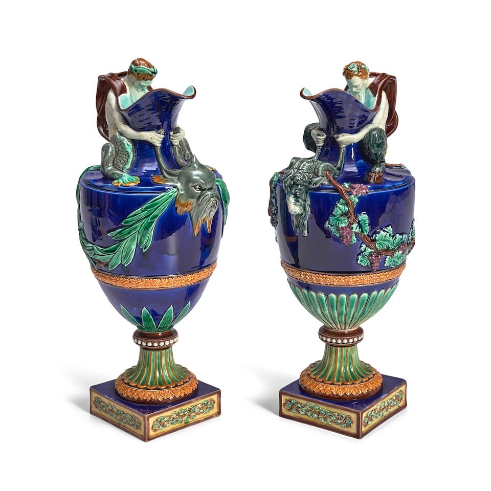 Pair of Wedgwood Majolica Cobalt Blue Ground Wine and Water Ewers, England, c. 1865, - 2