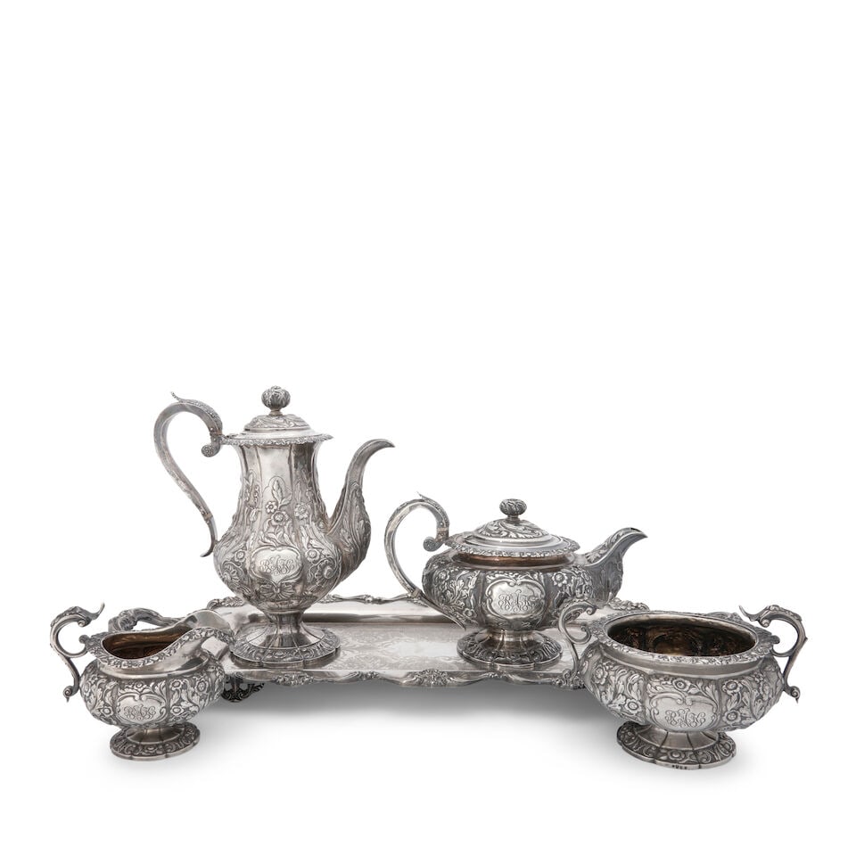 George IV Scottish Sterling Silver Tea Set with Silverplate Tray, (1 of 1)