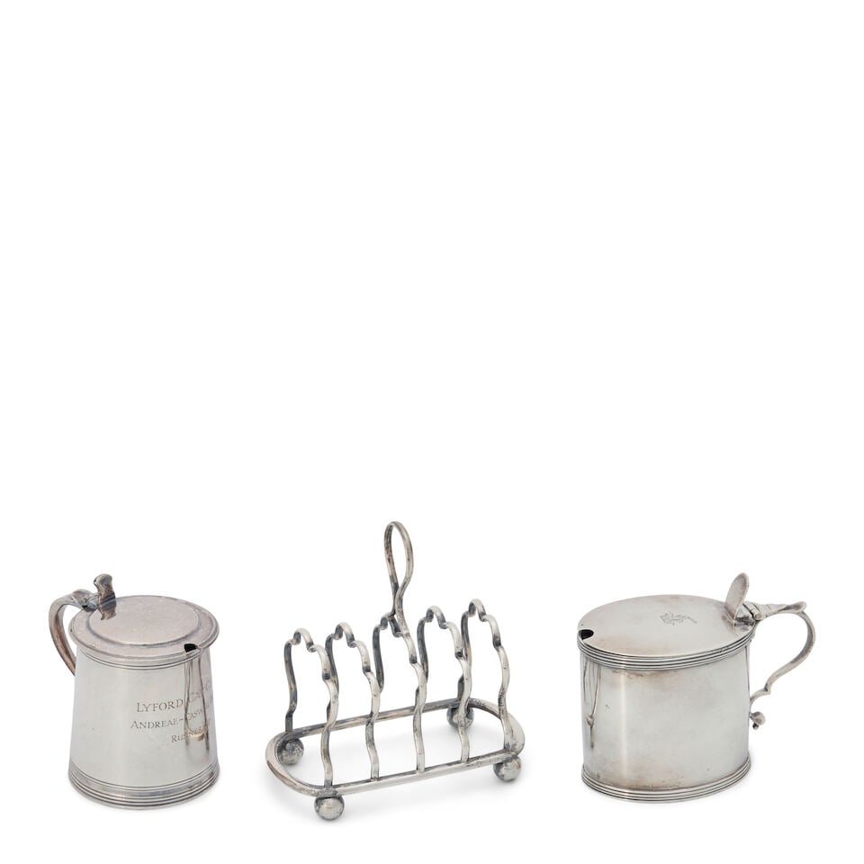 An English Silver Toast Rack and Two Mustard Pots, (1 of 1)
