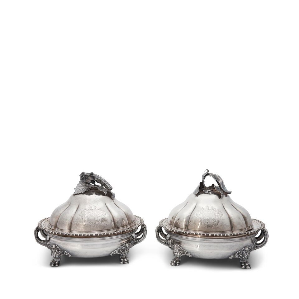 A Pair of Paul Storr Covered Vegetable Dishes on Later Warming Stands,: A Pair of Paul Storr Covered Vegetable Dishes on Later Warming Stands, London, 1828, voluted domed covers with vegetable and foliage finials, circular deep dishes with gadrooned rims that slot into l