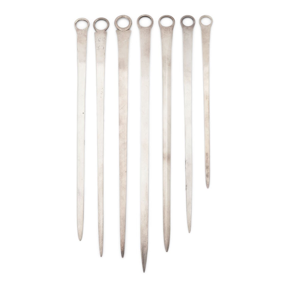 Seven Bateman Family Sterling Silver Skewers,: Seven Bateman Family Sterling Silver Skewers, one by Hester Bateman, London, 1784, lg. 13 1/4; one by Peter and Ann Bateman, London, 1797, monogrammed, lg. 13; one by Peter, Ann & William Bateman,