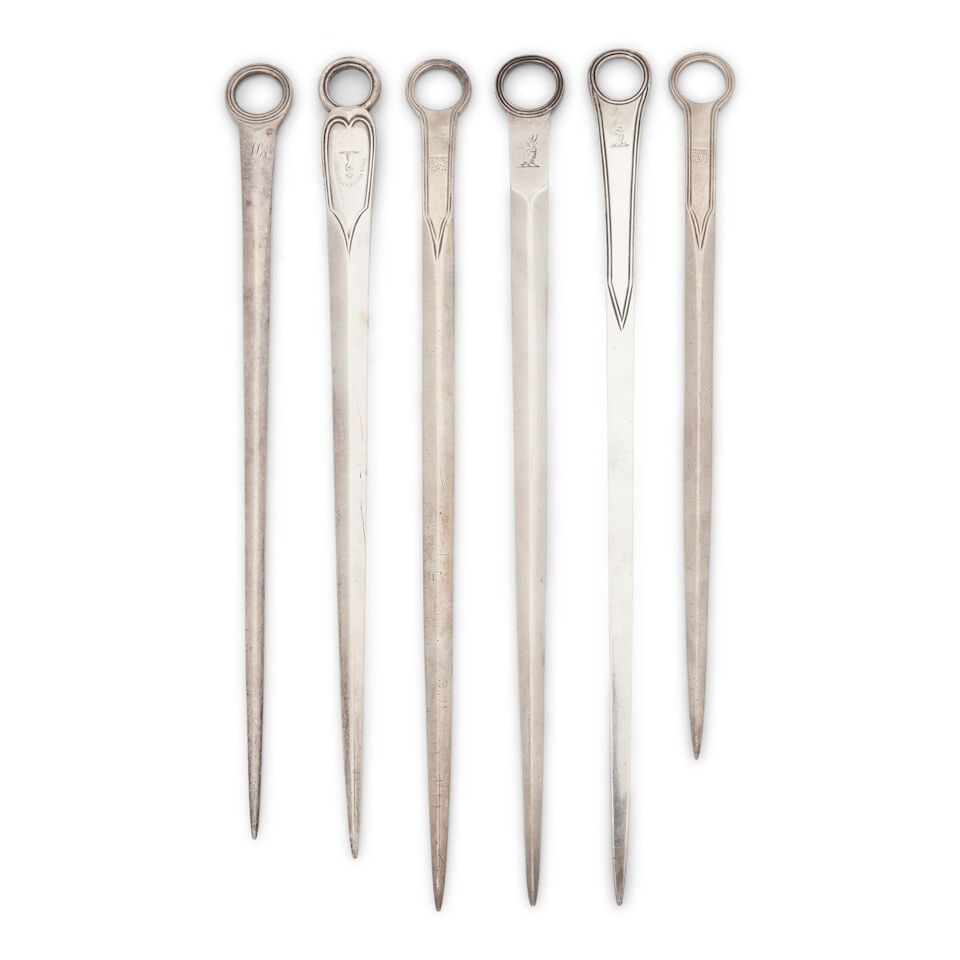 Six English Sterling Silver Meat Skewers with Reeded Ring Handles,: Six English Sterling Silver Meat Skewers with Reeded Ring Handles, two by Chawner & Co., London, 1849, crested, lg. 11; two by William Eley I & William Fearn, London, one dated 1799, the other dated