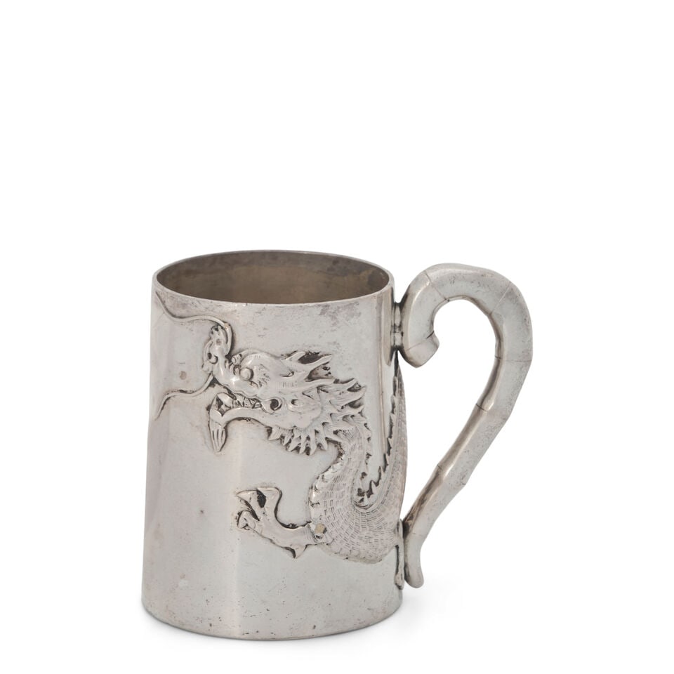 Chinese Export Silver Cup,: Chinese Export Silver Cup, Shanghai, late 19th/early 20th century, retailed by Luen Wo, cylindrical with an applied dragon to the body, the segmented handle in the form of a bamboo stalk, ht. 2 3/4