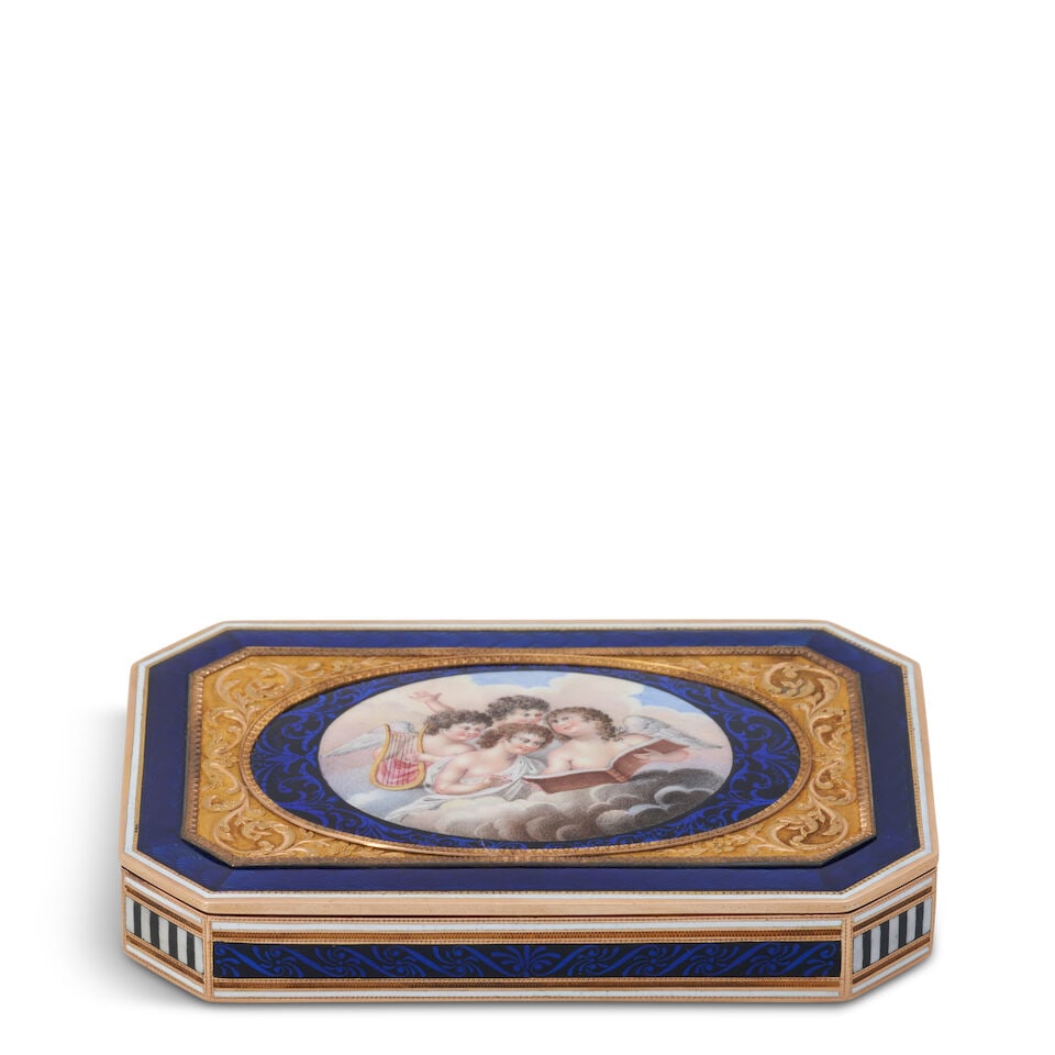 Gold and Enamel Box: Gold and Enamel Box German?, early 19th century, with French import mark for 1864-1893, rectangular with canted corners, the central cartouche depicting angels among the clouds, the base with a