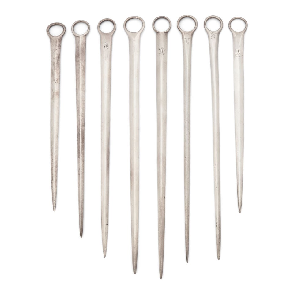 Eight George III Sterling Silver Meat Skewers,: Eight George III Sterling Silver Meat Skewers, two by Thomas Wallis II, London, one dated 1802, the other dated 1806, one crested, the other plain, lg. 10 two by William Eley & William Fearn,
