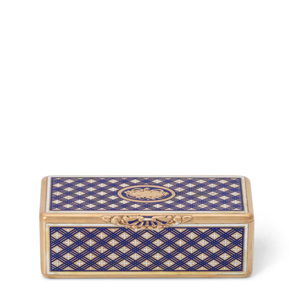 German Gold and Enamel Snuff Box,: German Gold and Enamel Snuff Box, Hanau, 1830s, Charles Collins & Söhne, maker, lg. 3 3/5 in., approx. 54 dwt. Footnotes: Provenance Collection from a private Dutch Family For further