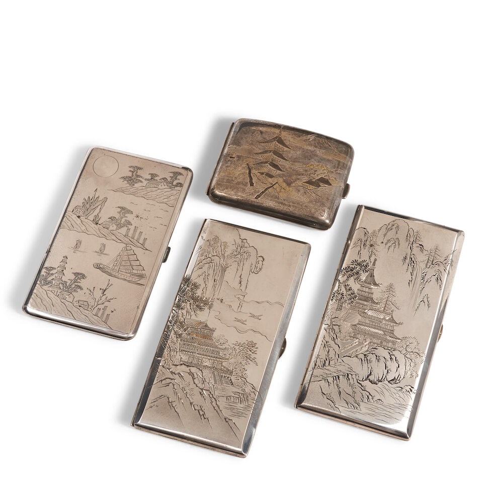 Four Japanese .950 Silver Cigarette Cases,: Four Japanese .950 Silver Cigarette Cases, one of slightly convex shape, partial-gilt, with a pagoda to cover and sailboats to back, lg. 4; one rectangular with beveled edges, depicting a