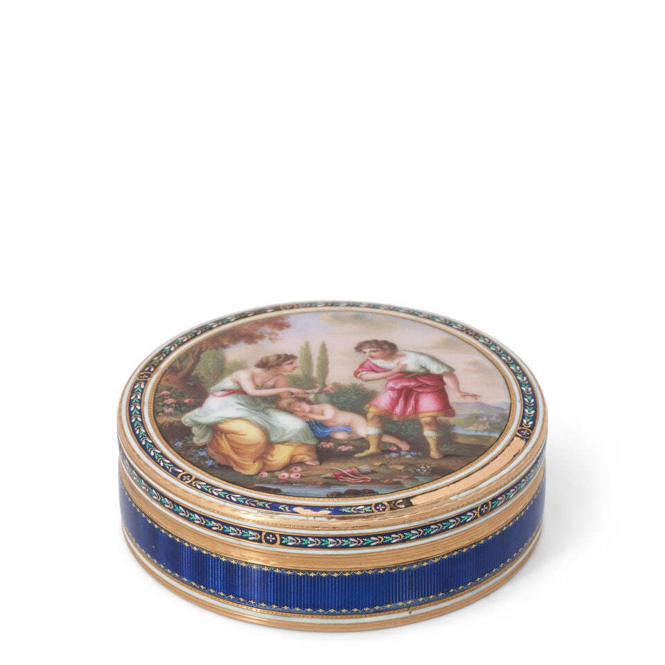 Swiss Gold and Enamel Box,: Swiss Gold and Enamel Box, Geneva, late 18th century, Georges Rémond & Cie, maker, the enamel cover depicting angel's wings being cut/clipped, dia. 2 3/5 in., approx. 49