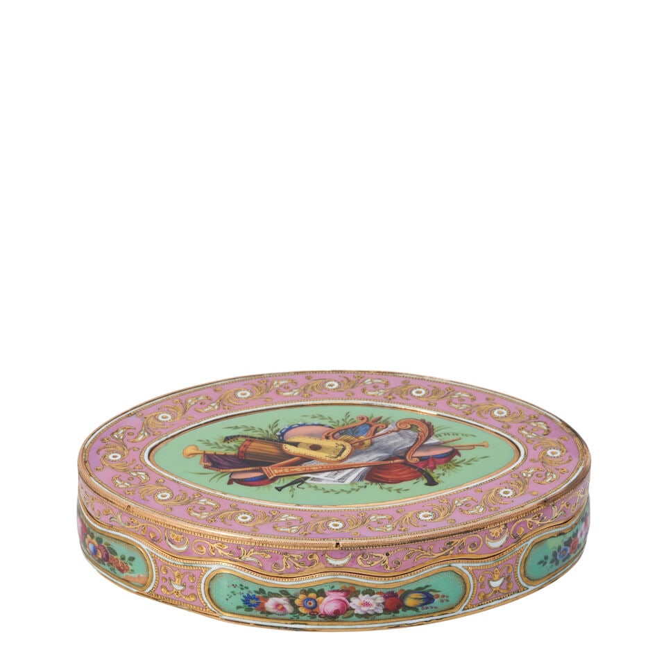 A Swiss Gold and Enamel Box,: A Swiss Gold and Enamel Box, early 19th century, '57' impressed to the interior rim, otherwise unmarked, navette form, entirely enameled with a musical trophy to center against a green ground,