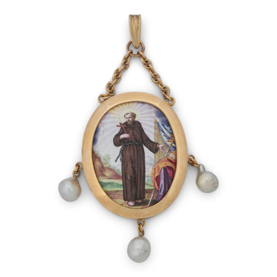 14k Gold Mounted Enamel Pendant,: 14k Gold Mounted Enamel Pendant, depicting Francis of Assisi hold a cross, set in a later gold mount with three pendant baroque pearls, lg. 3 1/8 in., approx. dwt . For further information on this lo