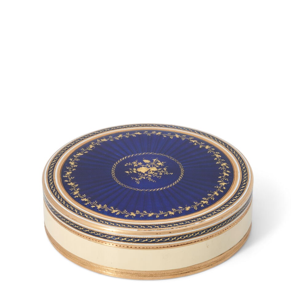 Swiss Gold and Enamel Box,: Swiss Gold and Enamel Box, Geneva, 1783-1791, Jean-George Rémond, maker, dia. 3 3/4 in., approx. 71 dwt. Footnotes: Provenance Collection from a private Dutch Family For further information on