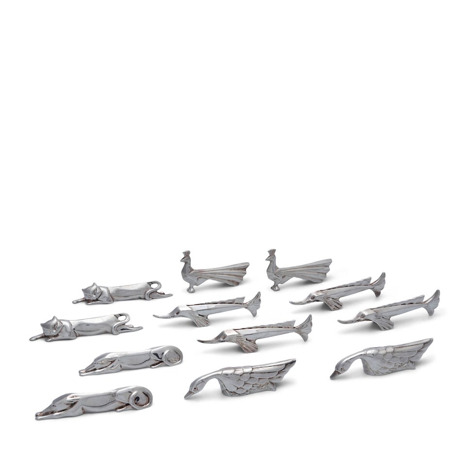 Set of Twelve Christofle Silver-Plated Animal Form Knife, Rests: Set of Twelve Christofle Silver-Plated Animal Form Knife, Rests 20th century, originally designed by Edouard Marcel Sandoz for Christofle's Gallia line, lg. 4 1/2 in. For further information on this