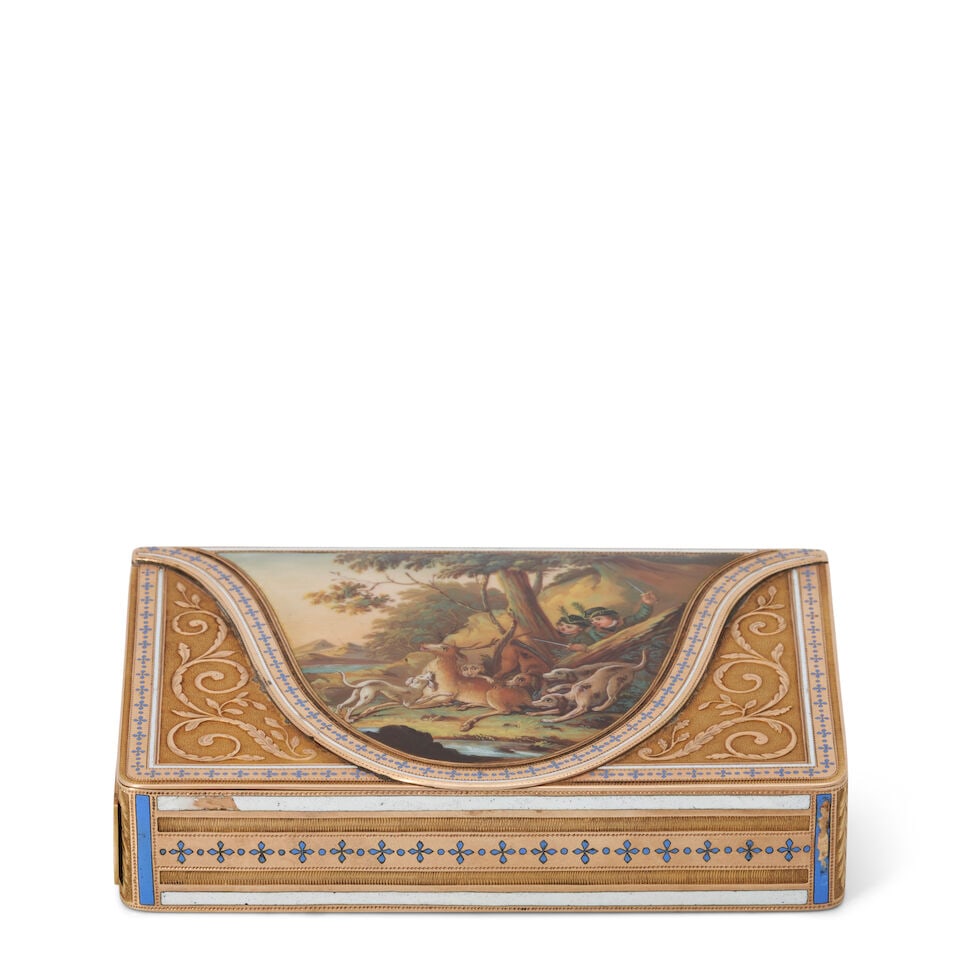 Gold and Enamel Cigarette Box,: Gold and Enamel Cigarette Box, maker's mark G W and with two cartwheel marks, possibly by Chevalier and Soldano, Geneva, first quarter 19th century, rectangular, the lid with a envelope-esque flap/li