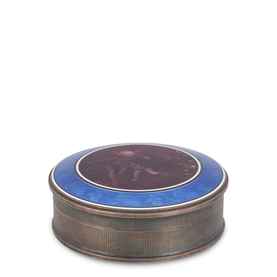 French Sterling Silver and Guilloche Enamel Vanity Case,: French Sterling Silver and Guilloche Enamel Vanity Case, early 20th century, Alphonse Debain, maker, circular, the lid with a depiction of angels in mauve the floral and foliate border done in blue,