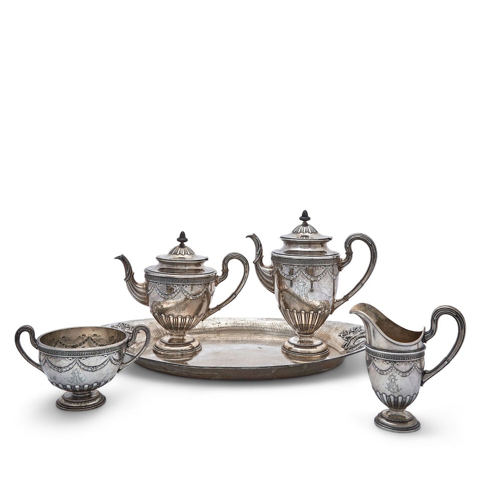 Four-piece Polish .875 Silver Coffee and Tea Service with Tray,: Four-piece Polish .875 Silver Coffee and Tea Service with Tray, each pieced double marked with an oval Kokoshnik (1908-1926) and German crescent moon and crown, monogrammed and decorated in the Neocl