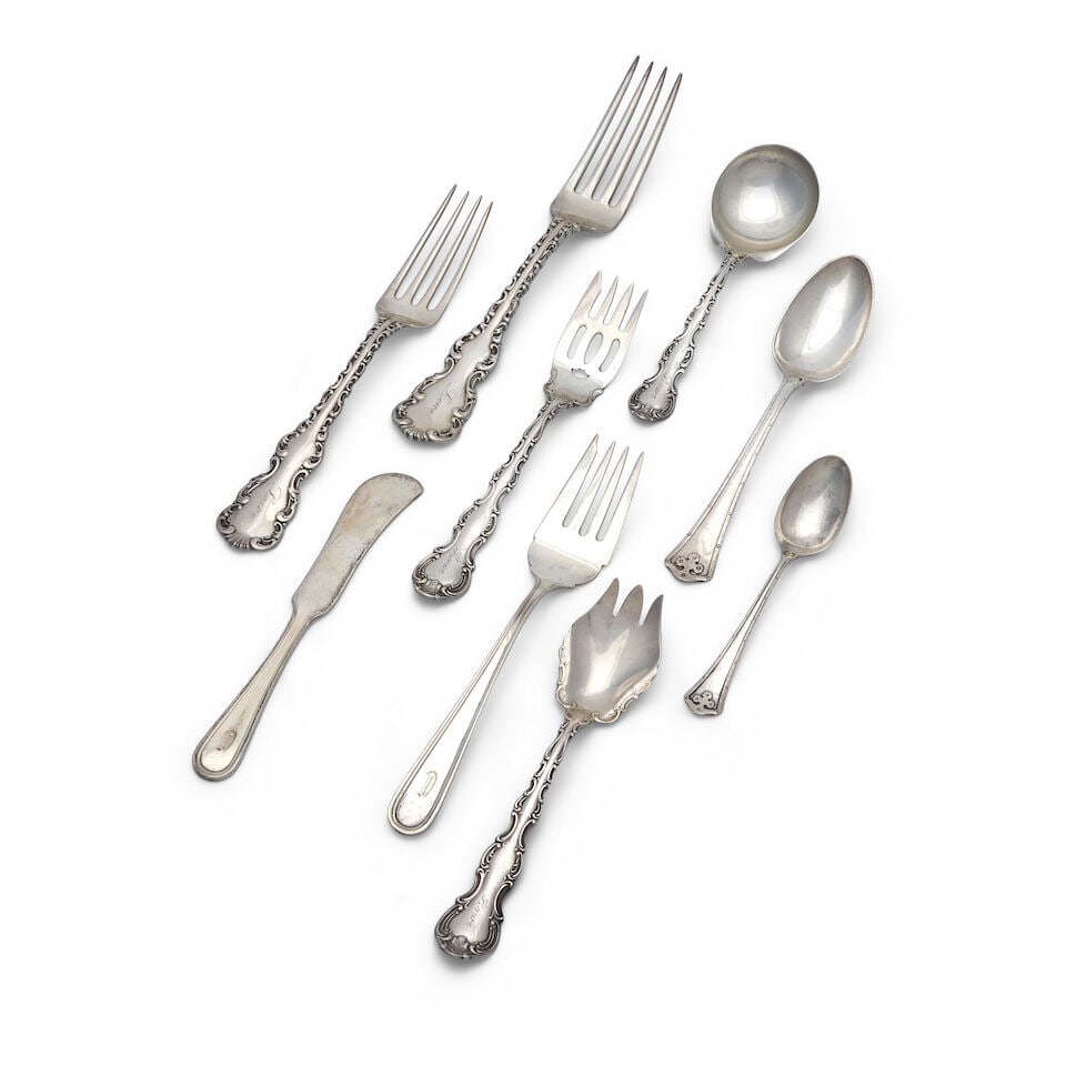 Collection of Assorted Flatware Patterns,: Collection of Assorted Flatware Patterns, includes eleven ice cream forks, six fish forks, and six bouillon spoons in the 'Strasbourg' pattern by Gorham; six dinner forks and eight luncheon forks by