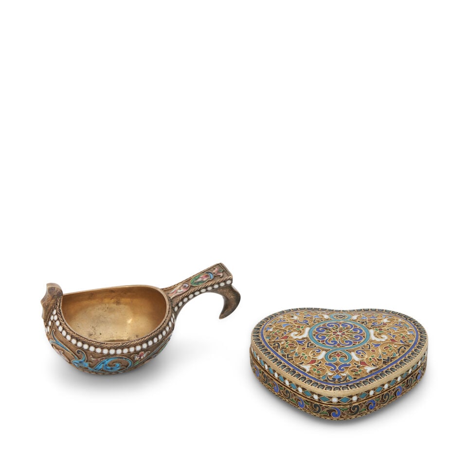 Two Pieces of Russian .875 Silver-gilt and Cloisonne Enamel,: Two Pieces of Russian .875 Silver-gilt and Cloisonne Enamel, both pieces 84 Zolotnik standard, the kovsh Moscow, 1899-1908, most likely V. Akimov (2271), maker, of diminutive size, with bead work at