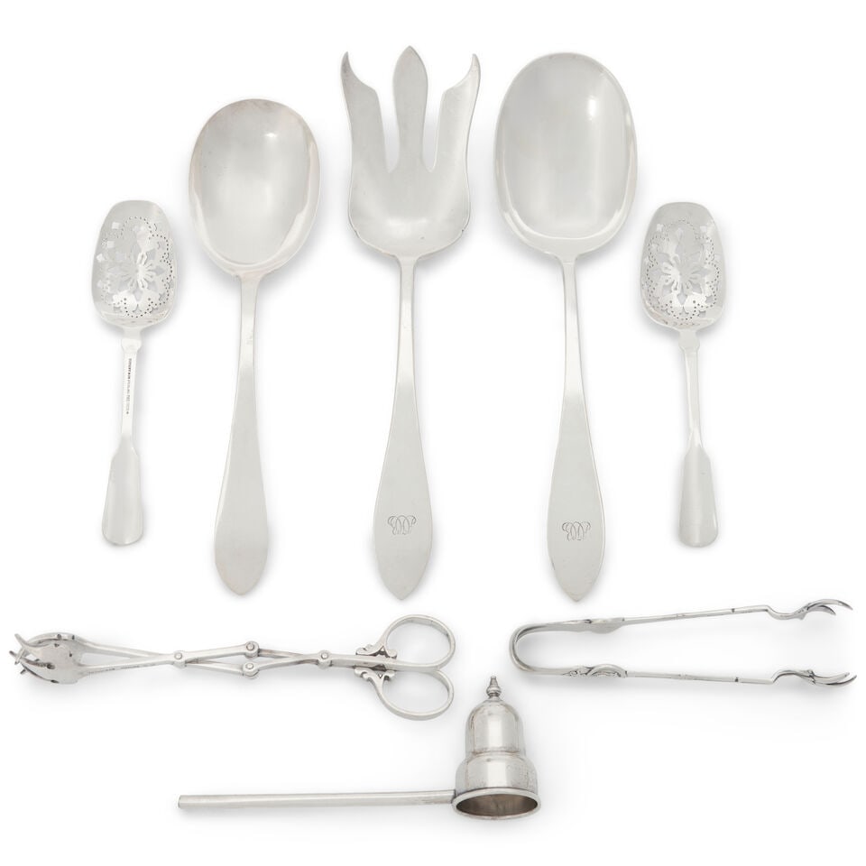 Eight Assorted Pieces of American Sterling Silver Flatware,: Eight Assorted Pieces of American Sterling Silver Flatware, includes a pair of Old Newbury Crafters salad servers, lg. 9 3/4; a commemorative serving spoon, lg. 9; two sugar sifter spoons, one