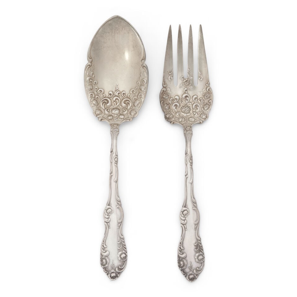 Pair of Towle 'Old English' Sterling Silver Salad Servers,: Pair of Towle 'Old English' Sterling Silver Salad Servers, Newburyport, Massachusetts, late 19th/early 20th century, with silver-gilt bowl and tines, lg. 9 1/2 in., approx. 5.20 troy oz. For further