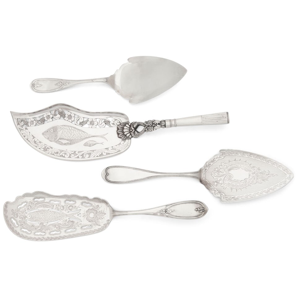 Silver Pastry Servers and Fish Slices,: Silver Pastry Servers and Fish Slices, includes a coin silver Newell Harding coin silver fish slice, lg. 11 1/2; a silverplate fish slice with a cast handle, lg. 12 1/2; a coin pastry server by