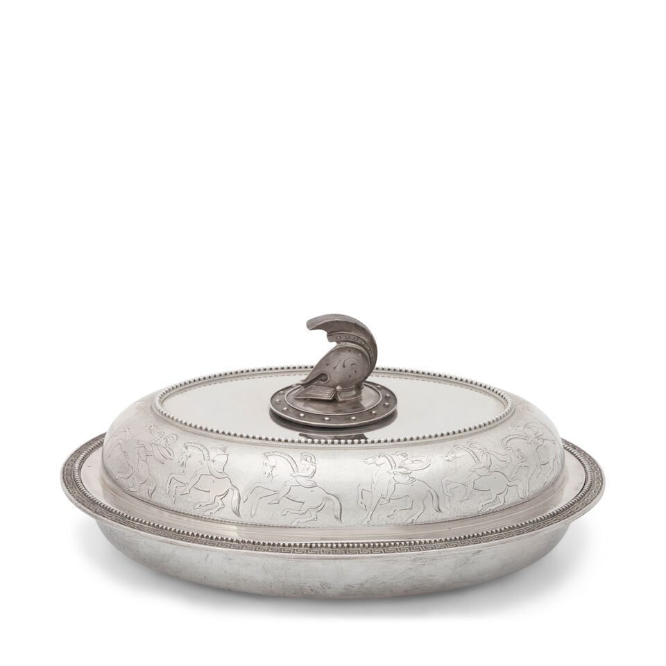 Tiffany & Co. Sterling Silver Entree Dish,: Tiffany & Co. Sterling Silver Entree Dish, New York, 1854-1870, in the Greek revival style, of oval form with beaded trim and a Greek key border, the lid depicting soldiers on horseback, surmounted