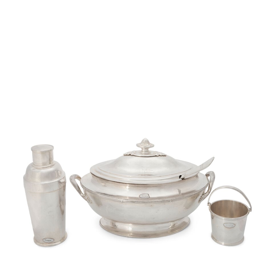 Cunard White Star Silverplate Tureen, Cocktail Shaker, and Ice Bucket, (1 of 2)