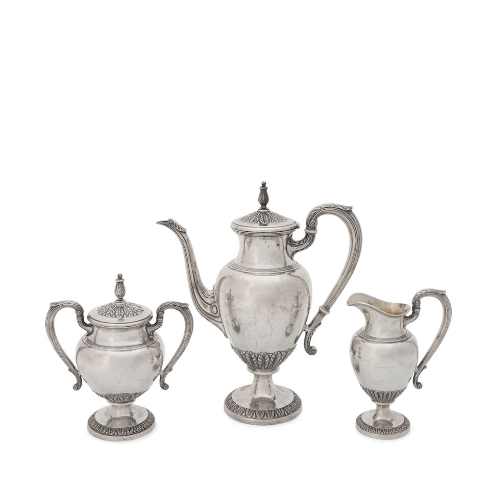 Three-piece Lunt Sterling Silver Coffee Set,: Three-piece Lunt Sterling Silver Coffee Set, Greenfield, Massachusetts, 20th century, in the French Empire style, includes coffeepot, ht. 12, creamer, ht. 7, and covered sugar, ht. 7 3/4 in., approx.