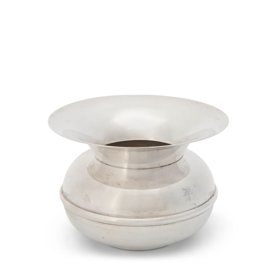 Tiffany & Co. Modernist Sterling Silver Vase,: Tiffany & Co. Modernist Sterling Silver Vase, New York, post-1965, the flaring rim above a bulbous body with applied girdle, ht. 5 1/2, dia. 8 in.; approx. 26.55 troy oz. For further information on