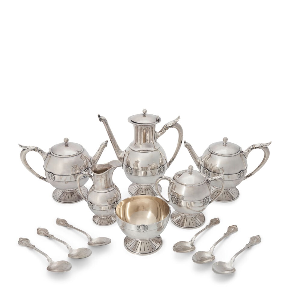 Six-piece Gorham 'Medallion' Silverplate Coffee and Tea Service and Six Coin Silver Tablespoons, (1 of 1)