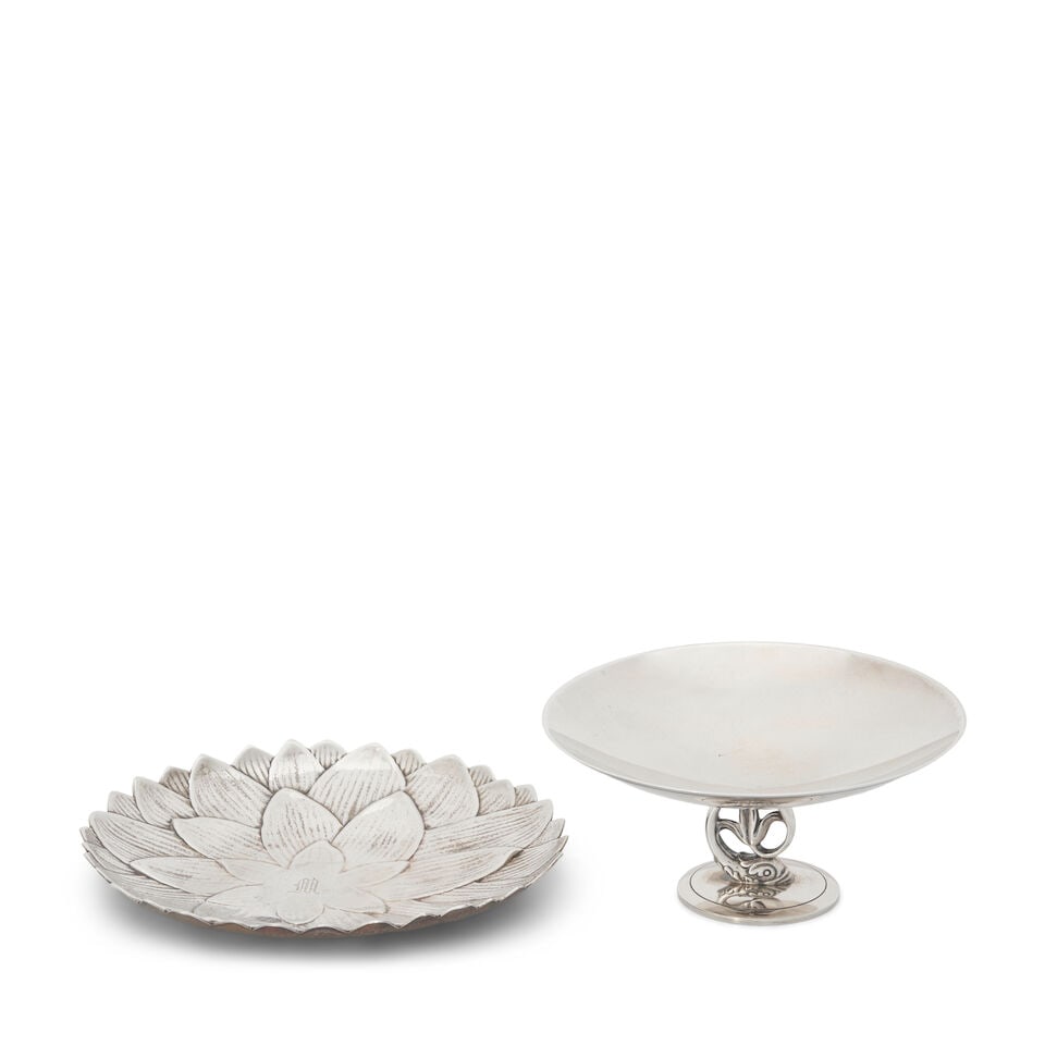 Two Pieces of Tiffany & Co. Sterling Silver,: Two Pieces of Tiffany & Co. Sterling Silver, the dish post-1965, lotus form with monogram to center, dia. 6 1/4; the compote, 1938-1947, the shallow dish raised on a dolphin form socle and set on a