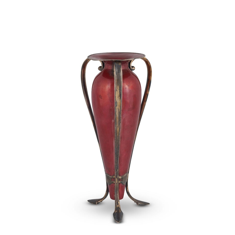 Gorham Patinated Copper and Silver Vase,: Gorham Patinated Copper and Silver Vase, Providence, Rhode Island, 1902, baluster form with curved silver handles that continue and transform into snake feet, marked with Gorham's copper mark and