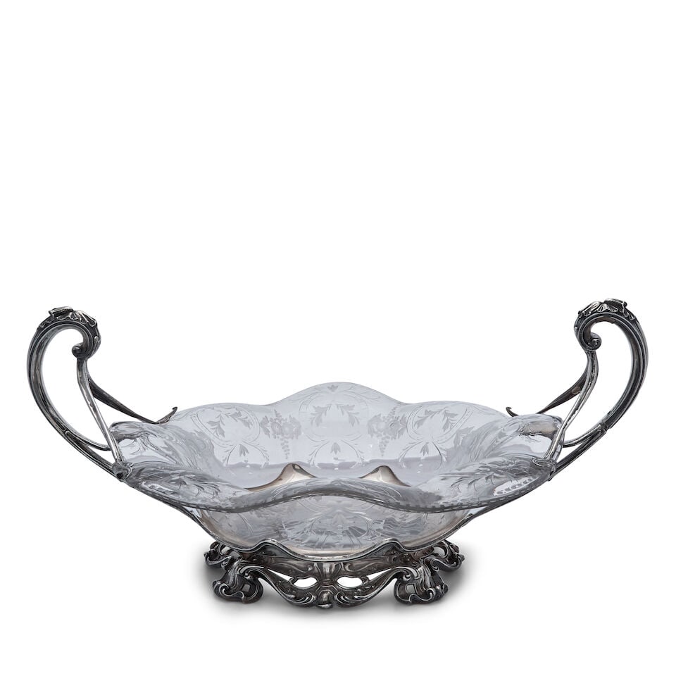 A Gorham Sterling and Glass Centerpiece Bowl,: A Gorham Sterling and Glass Centerpiece Bowl, Providence, Rhode Island, early 20th century, retailed by Grogan & Company, in the Art Nouveau style, lg. 21 1/2 in., approx. 52.40 troy oz. For further