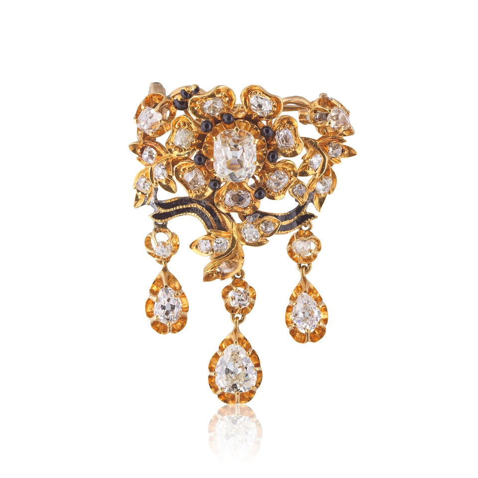 ENAMEL AND DIAMOND BROOCH BROCHE ÉMAIL ET DIAMANTS: ENAMEL AND DIAMOND BROOCH BROCHE ÉMAIL ET DIAMANTS • French import mark for 18 carat yellow gold (750 ‰) • Black enamel decoration • Old and rose-cut diamonds weighing app