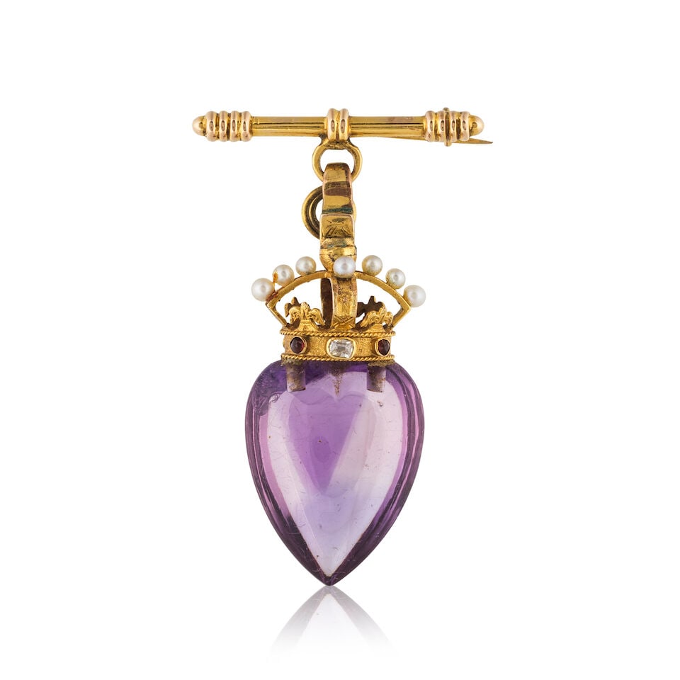 AMETHYST, PEARLS, COLOURED GEMSTONES AND DIAMOND 'HEART' BROOCH BROCHE 'COEUR' AMETHYSTE, PERLES... (1 of 2)