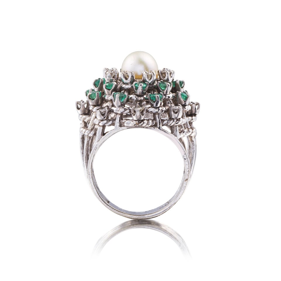 PEARL EMERALD AND DIAMOND RING BAGUE PERLE ÉMERAUDES ET DIAMANTS - 2