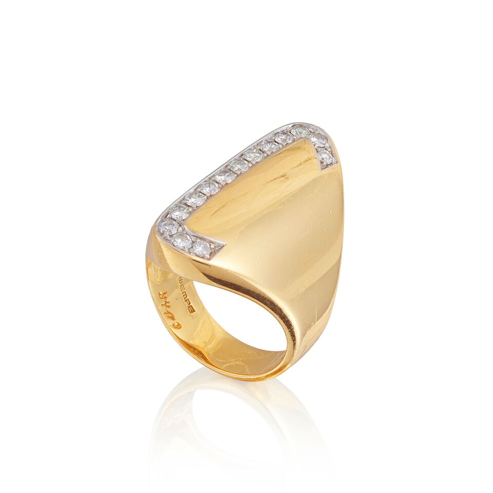 DIAMOND RING BAGUE DIAMANTS: DIAMOND RING BAGUE DIAMANTS • French import mark for 18 carat yellow and white gold (750 ‰) • 14 brilliant-cut diamonds weighing approximately 0.70 ct total ​ • Ring size