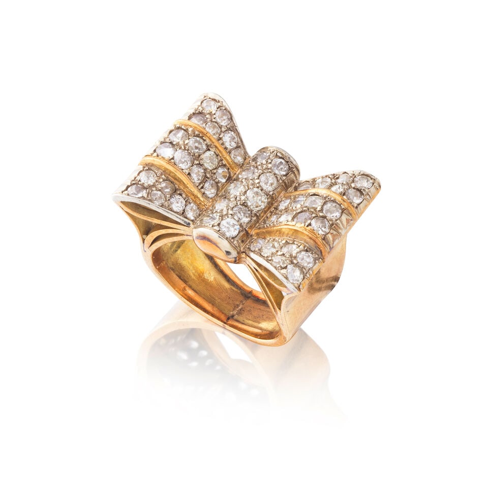 DIAMOND 'BOW' RING BAGUE 'NOEUD' DIAMANTS: DIAMOND 'BOW' RING BAGUE 'NOEUD' DIAMANTS • French import mark for 18 carat yellow and white gold (750 ‰) • Old-cut diamonds ​weighing approximately 1.30-1.60 ct total ​ 