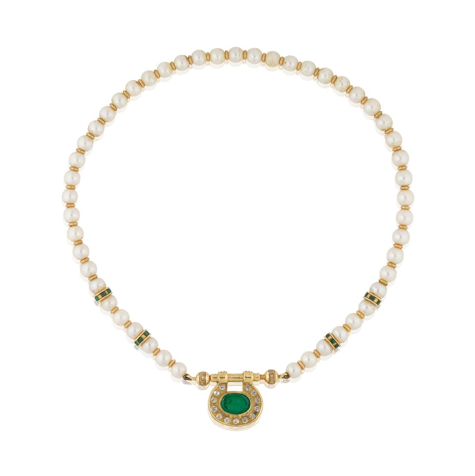 CULTURED PEARL, EMERALD AND DIAMOND NECKLACE COLLIER PERLES DE CULTURE, ÉMERAUDES ET DIAMANTS - 2