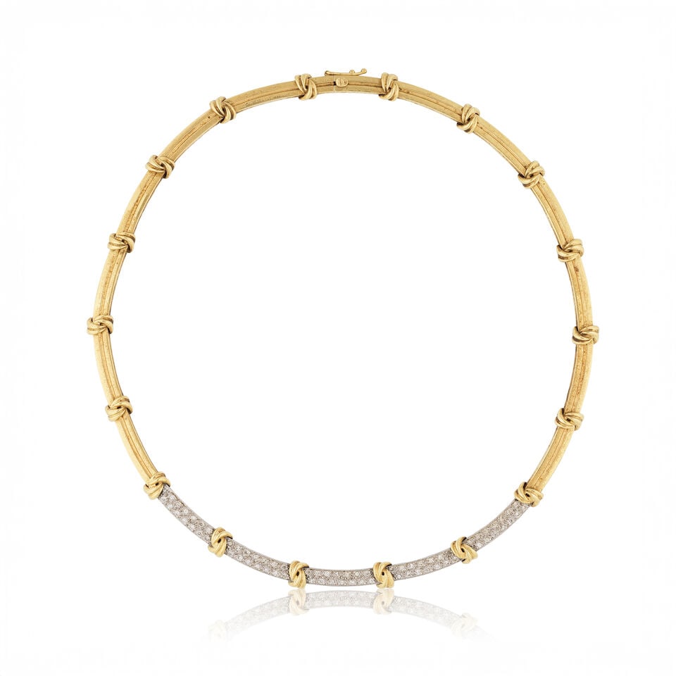 DIAMOND NECKLACE COLLIER DIAMANTS: DIAMOND NECKLACE COLLIER DIAMANTS • French import mark for 18 carat yellow and white gold (750 ‰) • Numerous brilliant-cut diamonds weighing approximately 1.40 ct total •