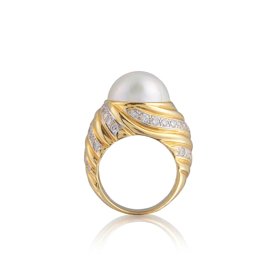 SIMULATED PEARL AND DIAMOND RING BAGUE PERLE FANTAISIE ET DIAMANTS - 2